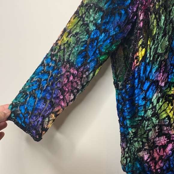 Vintage Drop Waist Bow Burnout Colorful Shimmer Velvet Beaded “Peacock” Dress M - Picture 8 of 17